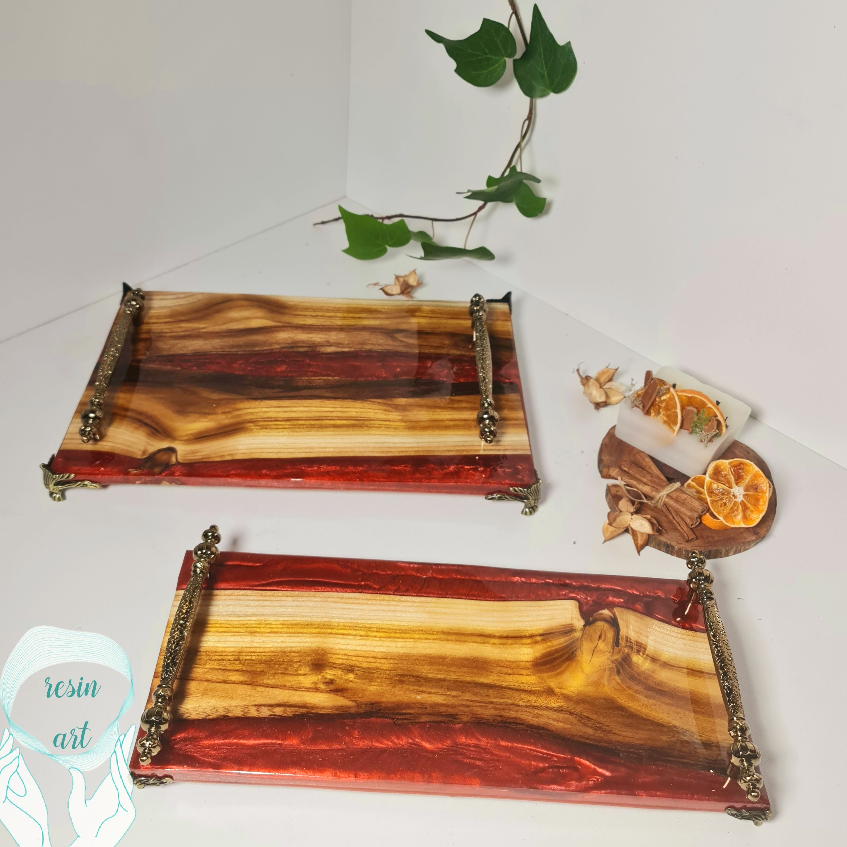 سینی و رولت خوری چوب و رزین اپوکسی با دسته و پایه برنزی