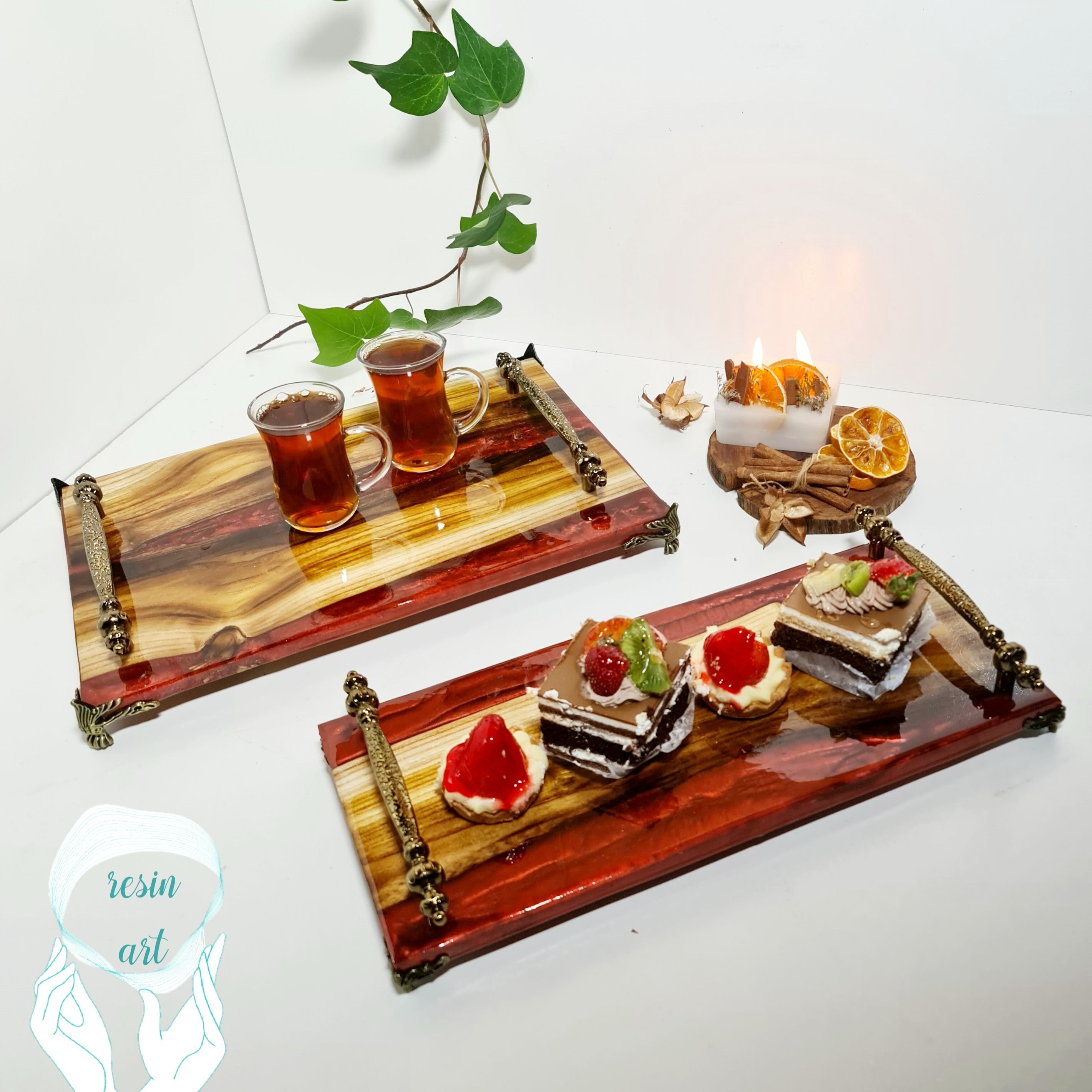 سینی و رولت خوری چوب و رزین اپوکسی با دسته و پایه برنزی