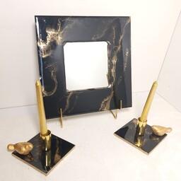 آینه و شمعدان طرح سنگ مشکی طلایی 