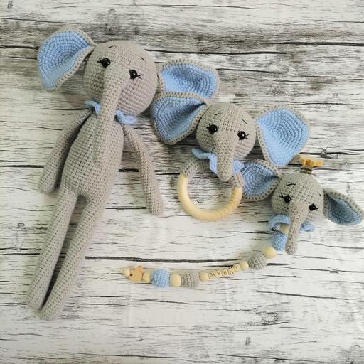 اسباب بازی عروسک بافتنی کاموایی جغجغه دندونی و بندپستونک فیل با اسم نوزاد شما