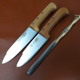 چاقوی قصابی چاقوی سلاخی برند اصلی استاد حیدری ست سه عددی دو عدد چاقواستیل فولاد  تیغه آلمانی با یکعدد مصقل تیزکن فولادی