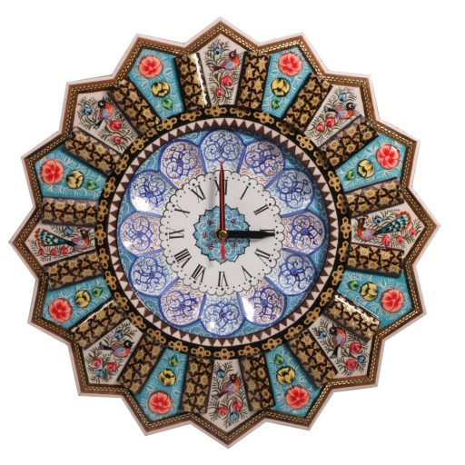 ساعت خورشیدی خاتم و نقاشی همراه با بشقاب میناکاری برجسته