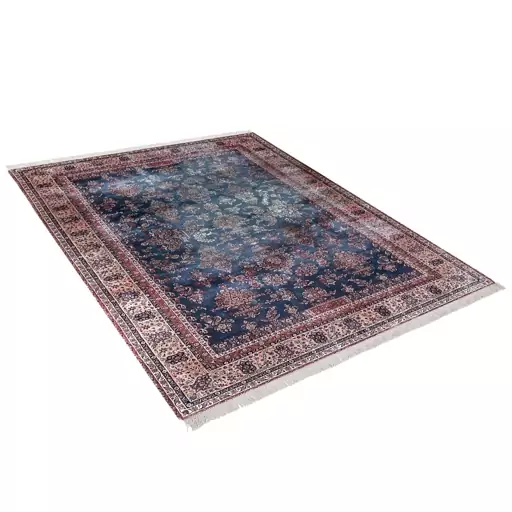 فرش ماشینی زانیس ارسال رایگان کد609سنتی طرح کاشان سرمه ای دو رو سایز 42x30 سانت