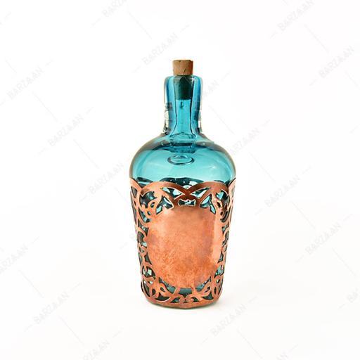 بطری آبگینه تلفیقی با مس دست ساز  طرح بهار فیروزه ای کوچک- کد 031