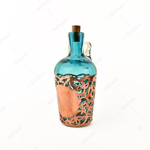 بطری آبگینه تلفیقی با مس دست ساز  طرح بهار فیروزه ای کوچک- کد 031