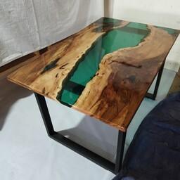 میز نهارخوری چوب طبیعی و رزین اپوکسی شفاف پایه فلزی 6 نفره 