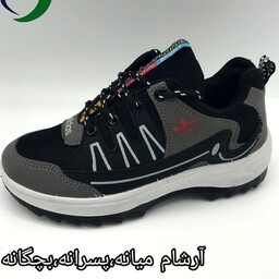 کفش اسپرت پسرانه ورزشی مدل آرشام مشکی طوسی بندی(سایز28تا35)