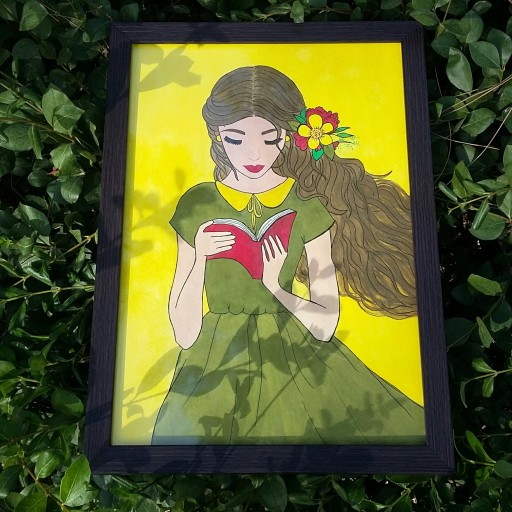 تابلو نقاشی آبرنگ دختر کتابخون