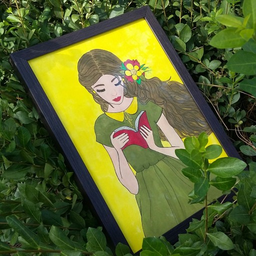 تابلو نقاشی آبرنگ دختر کتابخون