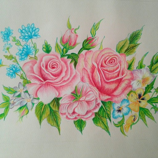 نقاشی مداد رنگی گلهای بهاری