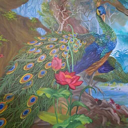 تابلو نقاشی رنگ و روغن  طرح طاووس در طبیعت 