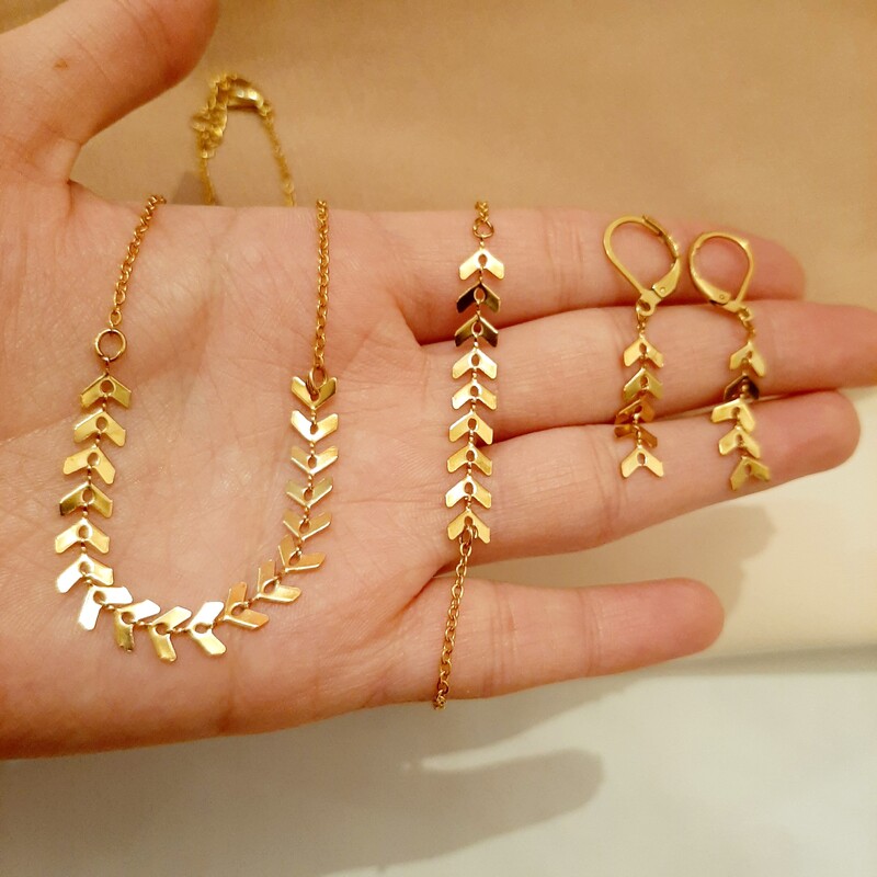 ست گردنبند دستبند گوشواره گندمی استیل طلایی(لاوین گالری)