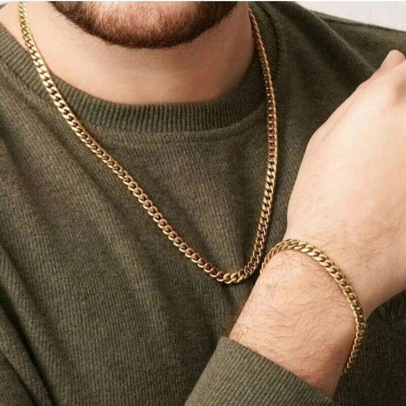 ست دستبند و گردنبند مردانه استیل کارتیر طلایی(لاوین گالری)