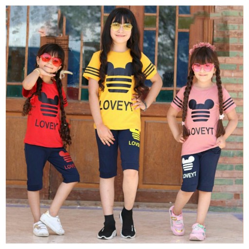 ست تیشرت و شلوارک بچگانه با رنگبندی زرد و صورتی و قرمز از 3 ماه تا 6 سال
