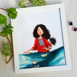 تابلو دکوری هنری نقاشی آبرنگ دختر و قایق کاغذی برای دکوراسیون منزل 