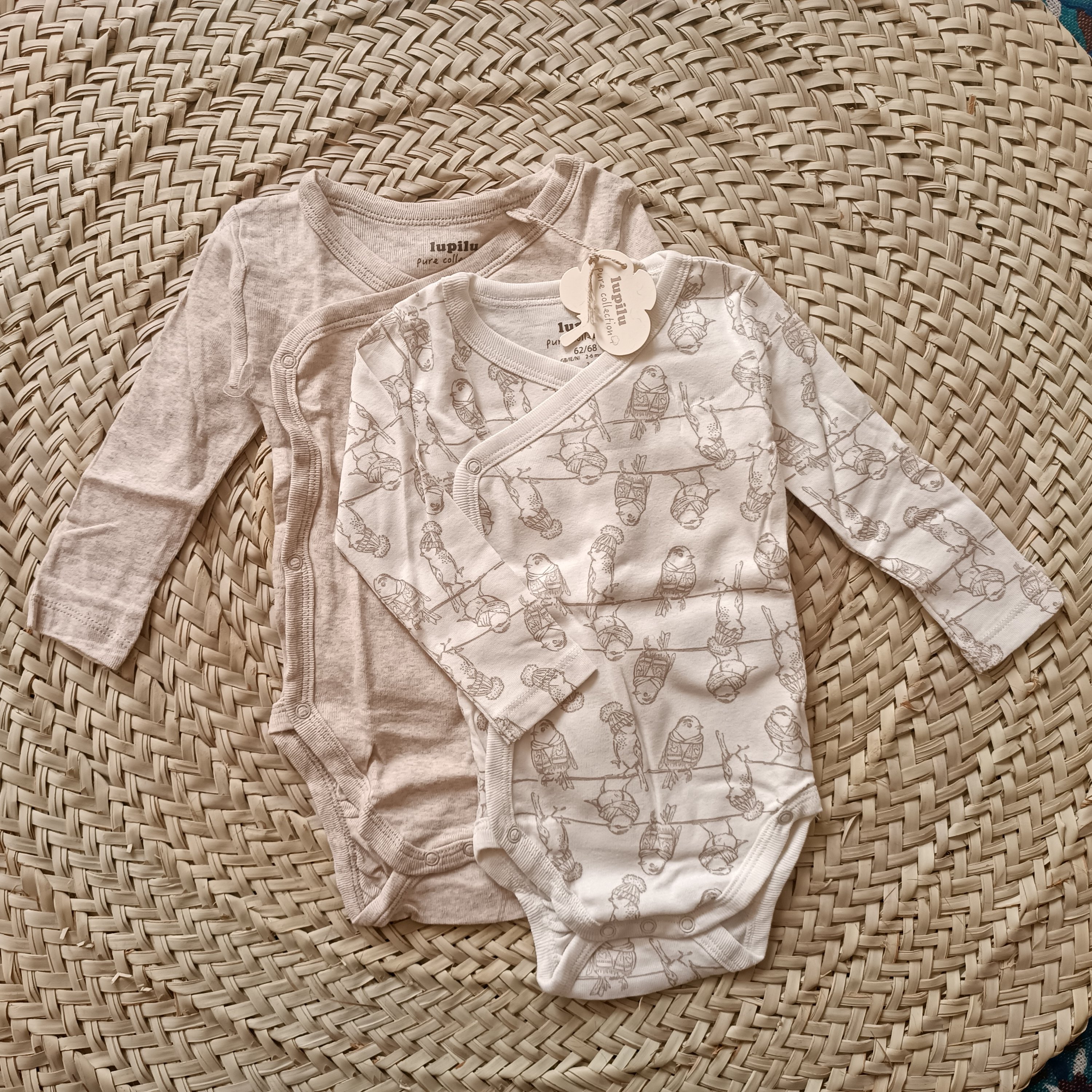 بادی لوپیلو پک 2عددی بادی گیاهی  برند آلمانی لوپیلو  lupilu طرح گنجشک یقه هفت سایز 2تا6ماه و6تا 12ماه کد 14018