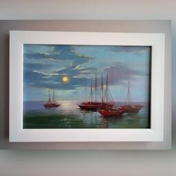 تابلو نقاشی رنگ روغن دریا و کشتیها