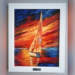 نقاشی قایق و دریا  تکنیک کاردک رنگ روغن