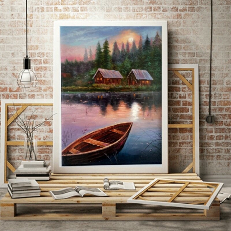 تا بلو نقاشی قایق و کلبه و دریاچه رنگ روغن