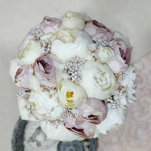دسته گل مصنوعی عروس مدل پیونی سفید و یاسی ترکیب خاص مناسب نامزدی عقد عروسی سایز بزرگ