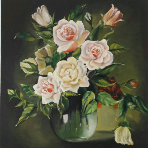 نقاشی از گلدان شیشه ای با گل های خوشگل سفید 😍