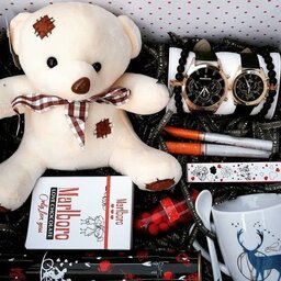 ست ساعت و دستبند و عروسک و ماگ پک کامل ساعت و دستبند باکس هدیه ساعت و ماگ و دستبند پارچه کادویی پوشال باکس