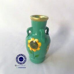 کوزه سفالی کوچک مناسب جامدادی رومیزی یا گلدان کوچک  با طرح گل آفتابگردان 