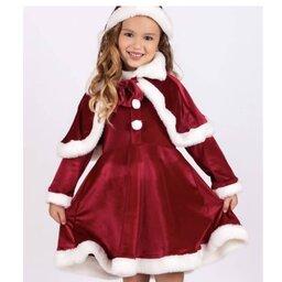 پیراهن کریسمس دخترانه مخمل آینه ای(0تا3سال) به همراه ست کلاه و شنل
