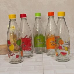 بطری گلدار آب درب رنگی جنس شیشه ای محصول پیشتازان در5رنگ وطرح متنوع باکیفیت بالا