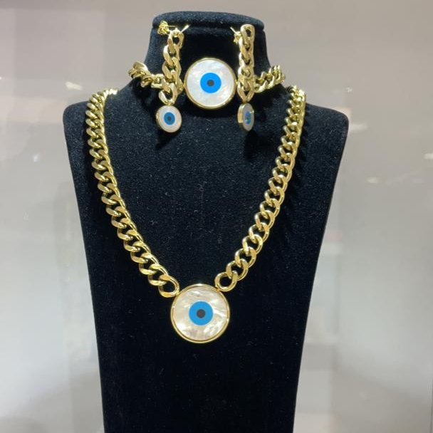 سرویس چشم نظر با زنجیر کارتیر ( دستبند گردنبند و گوشواره استیل رنگ طلایی و رزگلد
