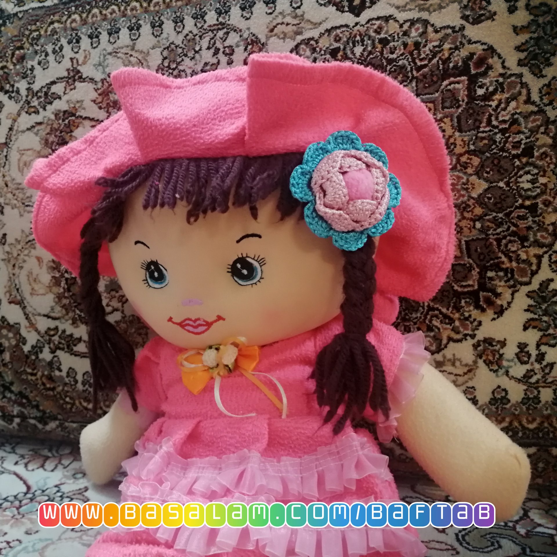 گل سر،بافتنی، طرح رُزین، کد3040C... رنگ آبی صورتی، گیره انبری، گل دستباف(گل سر/گیره مو/گلسر)