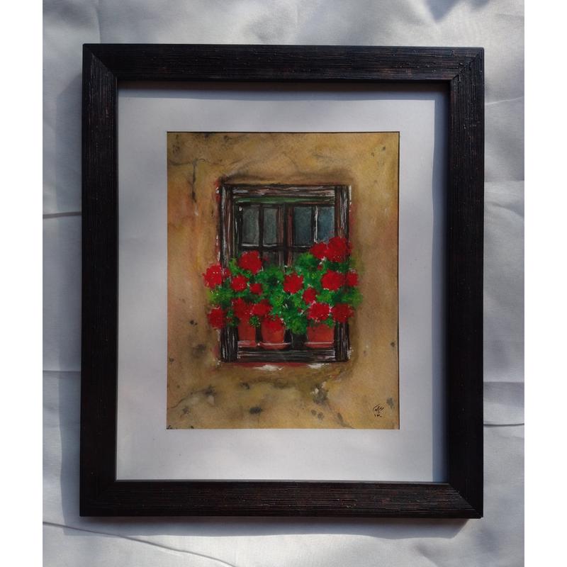 تابلو نقاشی آبرنگ طرح گل شمعدانی و پنجره