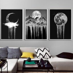 تابلو دکوراتیو 3تیکه طرح ماه و قمر مدرن سیاه و سفید