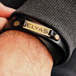دستبند چرم مردانه با پلاک اسم استیل