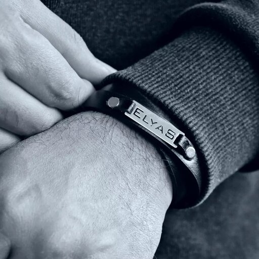 دستبند چرم مردانه با پلاک اسم استیل