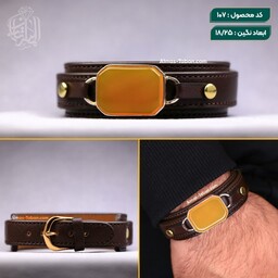 دستبند مردانه چرم طبیعی عقیق زرد شرف الشمس با (قاب نقره) اصل