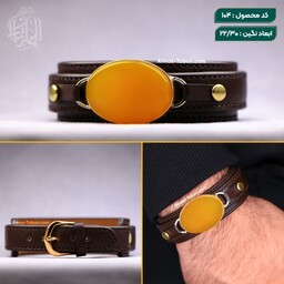 دستبند مردانه چرم طبیعی عقیق زرد شرف الشمس با(فریم نقره اصل)