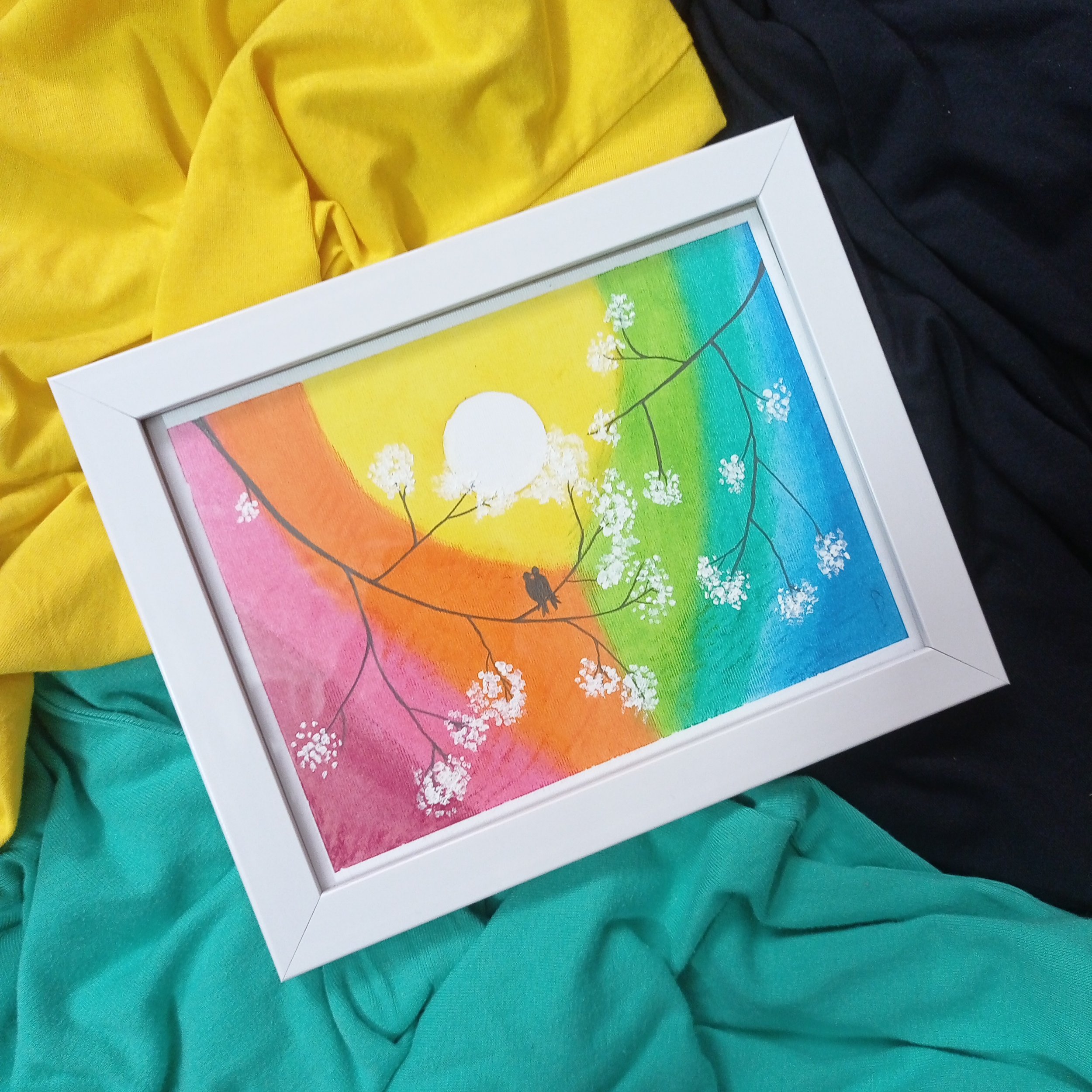 تابلو نقاشی پاستل روغنی طرح شکوفه ها و پرنده ها