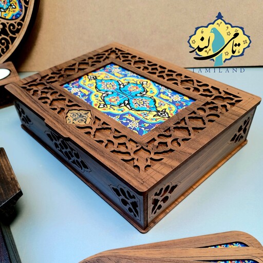 جعبه 6خانه چوبی طرح کاشی زرد و آبی دمنوش و تنقلات صنایع دستی تامی لند 