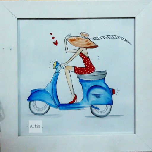 قاب نقاشی دخترِ موتورسوار