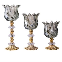 شمعدان  لاله دکوری مجموعه سه عددی پایه طلایی و شیشه کریستال بی رنگ 