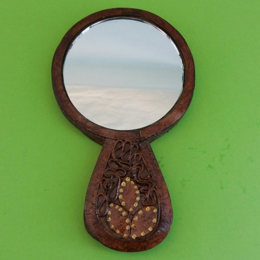 آینه دستی معرق چوبی با چرم