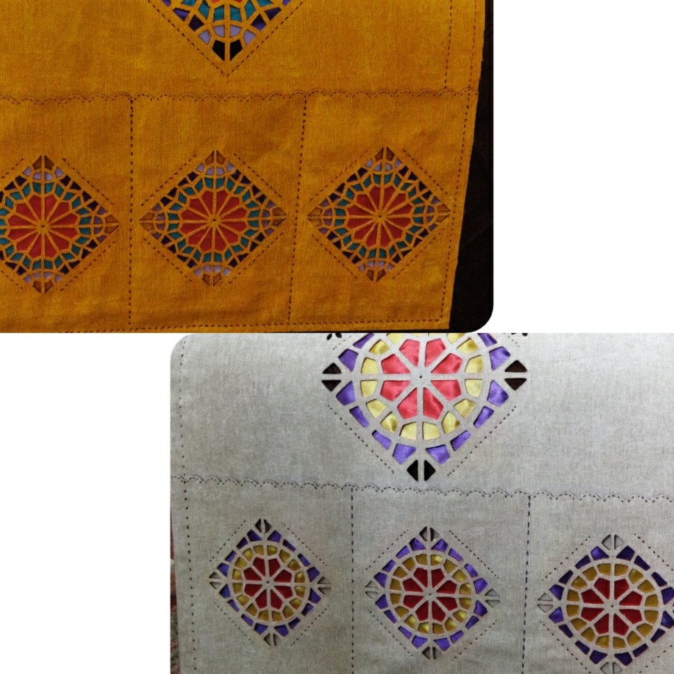 سوخته نگاری پارچه طرح گره چینی سنتی(طرحهاهمگی برگرفته ازپنجرهاودربهای قدیم بوشهر می‌باشد)