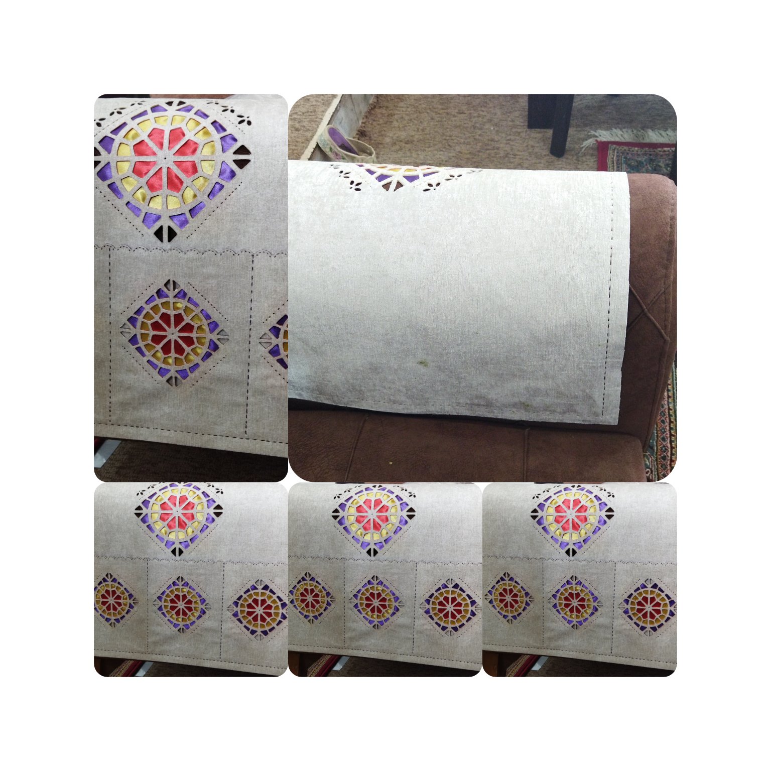 سوخته نگاری پارچه طرح گره چینی سنتی(طرحهاهمگی برگرفته ازپنجرهاودربهای قدیم بوشهر می‌باشد)