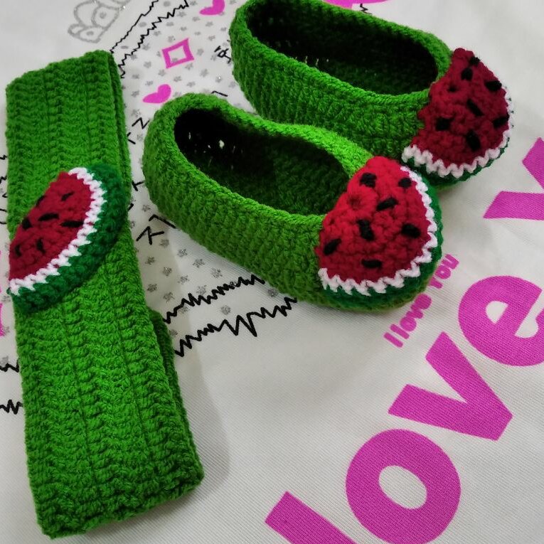 ست پاپوش و هدبند طرح هندوانه مناسب برای کودکان 2 تا 4 سال