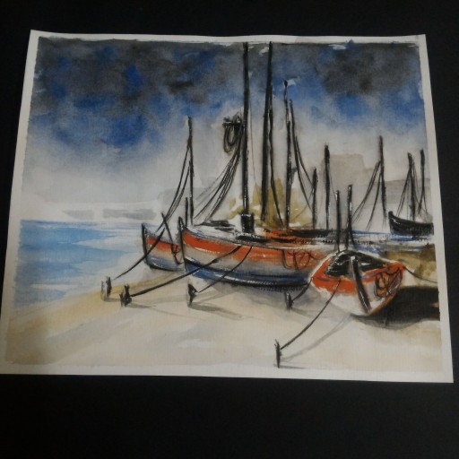 نقاشی آبرنگ "قایق ها در ساحل"