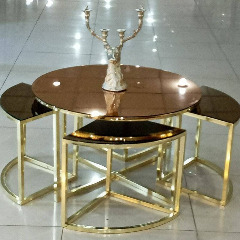 میز جلو مبلی عسلی قهوه خوری پاف مدل پیتزایی گرد فورتیک طلایی