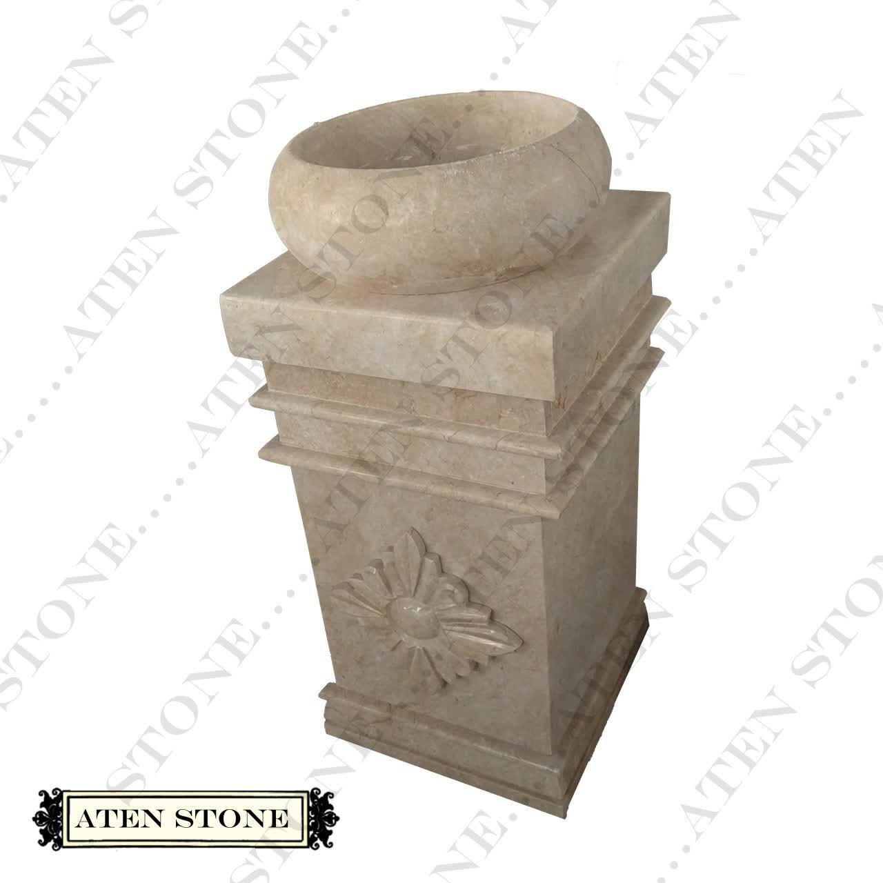 روشویی سنگی طبیعی طرح گل با قاب آینه ،رنگ کرم 