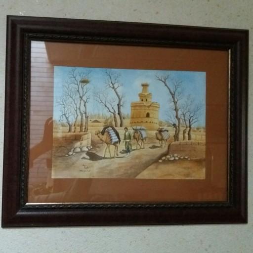 تابلو نقاشی آبرنگ منظره برج کبوتر و کاروان شتر