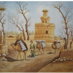 تابلو نقاشی آبرنگ منظره برج کبوتر و کاروان شتر